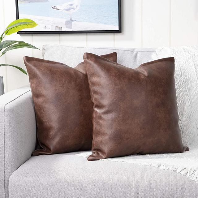 YAERTUN Set of 2 Faux Leather Decorative Throw Pillow Covers Modern Solid Outdoor Cushion Cases Luxury Pillowcases for Couch Sofa Bed 22x22 Inches Dark Brown