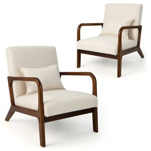 Costway Set of 2 Accent Chairs Leisure Armchair with Rubber Wood Frame&Lumbar Pillow Beige