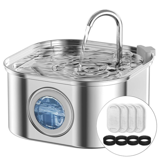 NautyPaws Cat Water Fountain Stainless Steel,108oz/3.2L Automatic Pet Water Fountain,Cat Fountain with Water Level Window,Water Fountains for Cats Indoor with 4 Replacement Filters and 4 Sponges