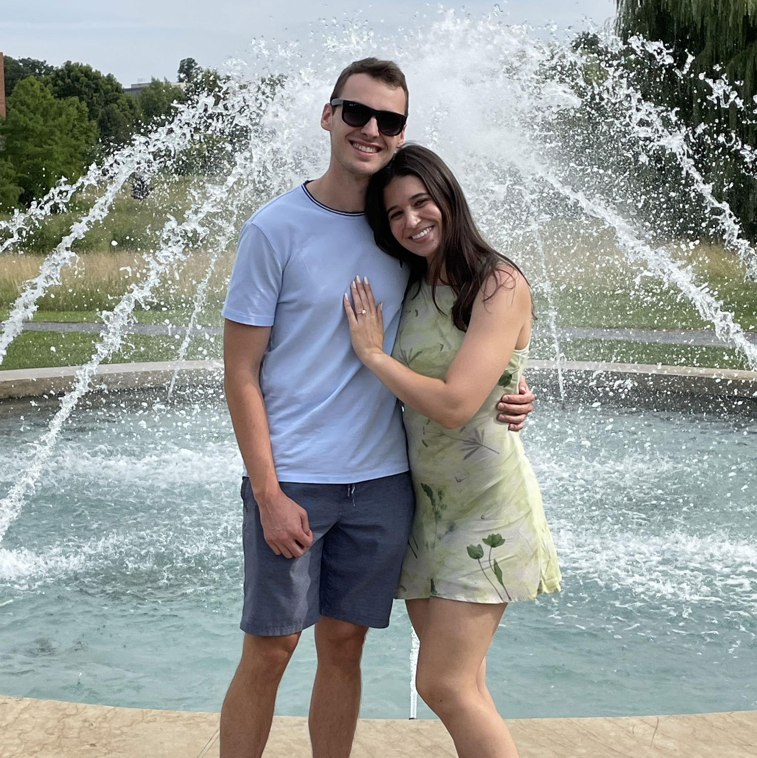 In front of the Penn State Arboretum Fountain after Jordan said "Yes!"