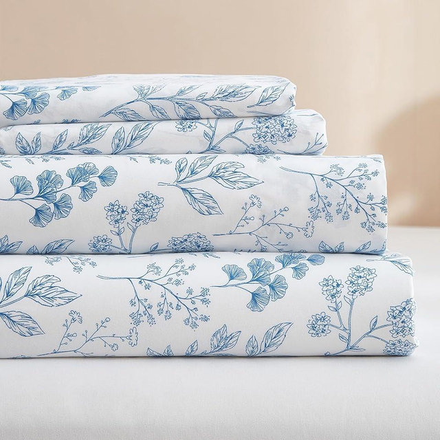 HighBuy Luxury Soft California King Sheets Set White - Vintage Floral Sheets Cooling Bed Sheets California King - 4 Piece Blue Floral Sheet Set - 16" Extra Deep Pocket Sheets,Breathable Sheet Sets