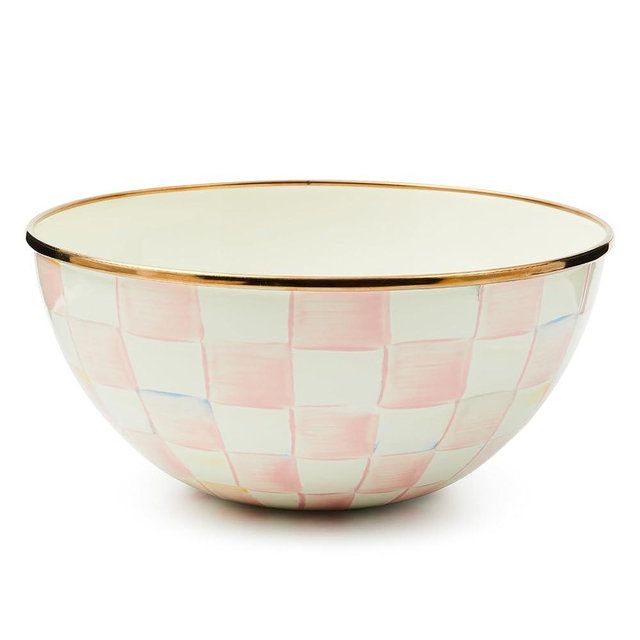 MACKENZIE-CHILDS Enamel Everyday Bowl, Serving Bowl for Entertaining, Small, Pink-and-White Rosy Check