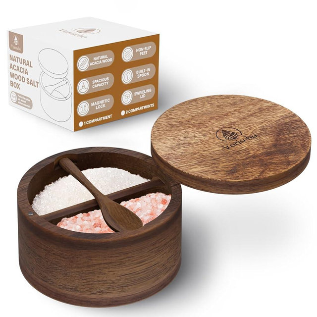 Vorisebo Acacia Wood Salt Container with Built-in Spoon, Elegant Salt Holder with Magnetic Swivel Lid, Salt Box for Kitchen to Storage Pepper, Spice or Favorite Seasonings, 5OZ (Two Compartments)