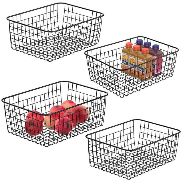 Wire Stroage Baskets, iSPECLE Metal Wire Basket Freezer Baskets Storage Organizer Bins with Handles for Kitchen, Pantry, Closet, Laundry Room, Cabinets, Garage 4 Pack Black