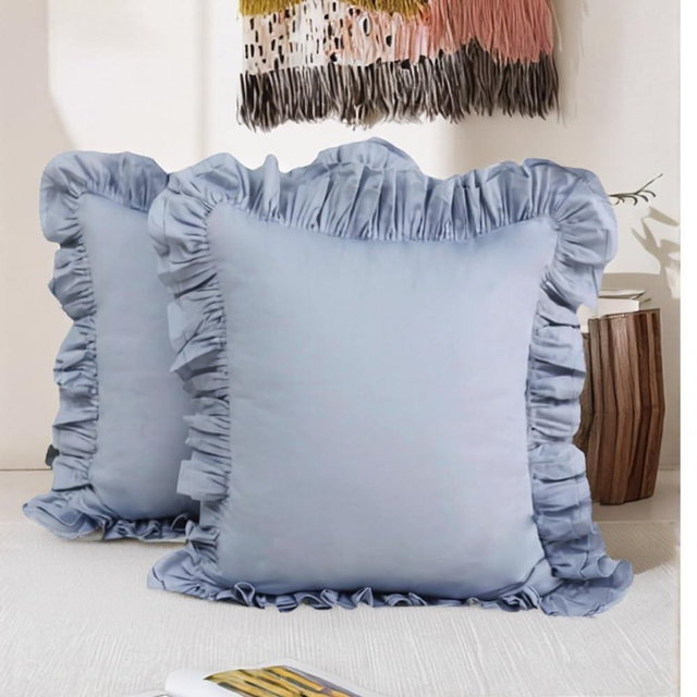Lemfux Blue Ruffle Throw Pillow Covers 18x18 Set of 2, Cotton Decorative Pillow Covers for Sofa, Couch, Bed, Shabby Chic Farmhouse Cushion Covers, Coquette Style Home Decor
