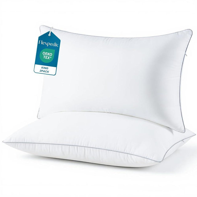 FP FLEXPEDIC King Size Pillows 2 Pack - Adjustable Bed Pillows for Sleeping - Soft & Fluffy Down Alternative Fill, Zippered Hotel Quality Pillows with Gray Piping, 110GSM Premium Cover, CertiPUR-US