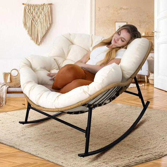 NICESOUL Indoor Outdoor Papasan Rocking Chair with Cushion, Oversized Padded Patio Rockers, All Weather Deep Wide Egg Royal Rocking Chairs, 450Lbs Sturdy Comfy Recliner Large Lounging Glider, Beige