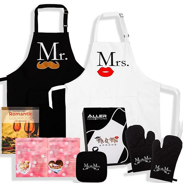 Mr and Mrs Aprons Kitchen Bundle - Includes Adjustable His and Her Aprons, Date night Cookbook, 2 Oven Mitts & 1 Pot Holder - Perfect Newlywed Gift for Bridal Shower, Housewarming & Weddings