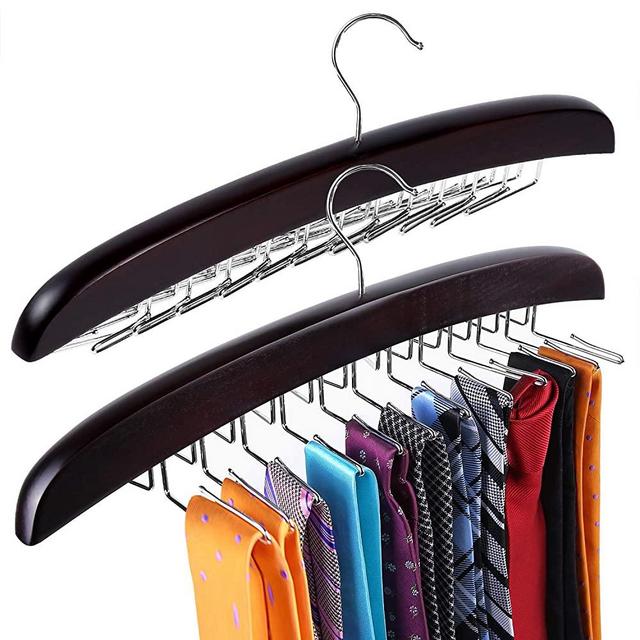 Ohuhu Tie Hanger, Tie Racks for Men, Tie Hanger Organizer, Tie Holders for Closet, Rotating Twirl 24 Wooden Tie Rack Closet Accessory Organizer, 2 Pack Walnut