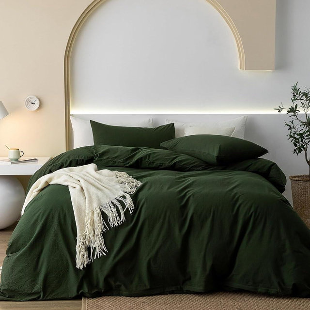 JIYUAN 100% Washed Cotton Duvet Cover Set Comfy Simple Style Soft Breathable Textured Durable Linen Feel Bedding for All Seasons Queen, Solid Forest Green