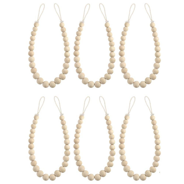 Hion 6 Pcs Boho Curtain Tiebacks,Wood Beads Curtain Holdbacks,Outdoor Farmhouse Tie Backs for Curtains,Curtain Holders for Drapes Home Office Room Decor with Hooks No Drilling(Wood Color)