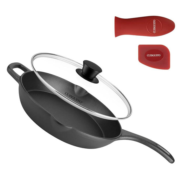 CUISGUSTO 12 Inch Cast Iron Skillet with Tempered Glass Lid, Cast Iron Pan with Silicone Handle Cover & Scraper, Even Heating, Oven Safe, Perfect for Family Meals, Frying, Baking & Grilling