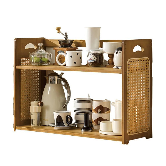 ESBVLOA 2-Tier Coffee Bar Shelf for Cups, Wood Countertop Mug Organizer with Rattan Side Panels, Kitchen Accessories for Cups, Teapots(Brown,19.7 * 9.4 * 18.9in)