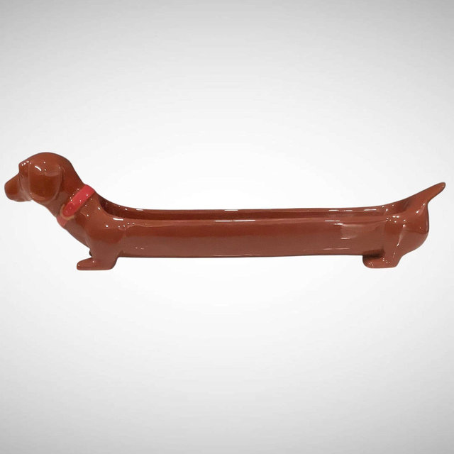 Dennis East Ceramic Dachshund Hot Dog Tray - 15" Wiener Dog Corn Dog Holder - Red Collar Doxie Gift
