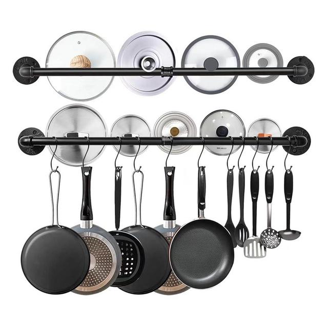 Bailoo Industrail Pipe Pot Pan Rack, Wall mount Pot hangers Pan Haniging Rail Lid Hnager for kitchen with S Hooks (39"-2 Pack)