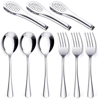 Stainless Steel Metal Serving Utensils - Set of 9-10" Spoons, 10" Forks, and 7" Tongs by Teivio