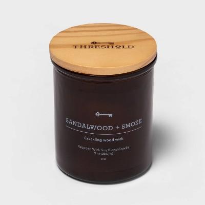 Lidded Amber Glass Jar Crackling Wooden Wick Sandalwood and Smoke Candle - Threshold™