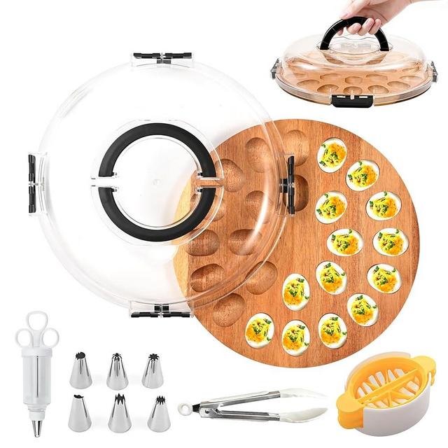 Deviled Egg Containers with Lid, 24 Holes Round Deviled Egg Platter for Party and Kitchen, Charcuterie Board Food Serving Container Holder for Countertop Carrier Supply, House Warming Gifts New Home