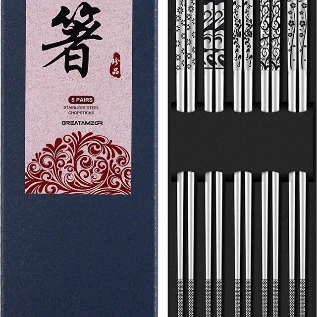 Metal Chopsticks Reusable 18/10 Stainless Steel Chopsticks Multipack Dishwasher Safe Chop Sticks Square Fancy Laser Engraved Non-slip Korean Chopstick for Cooking Eating 9.45 Inches 5 Pairs Gift Set
