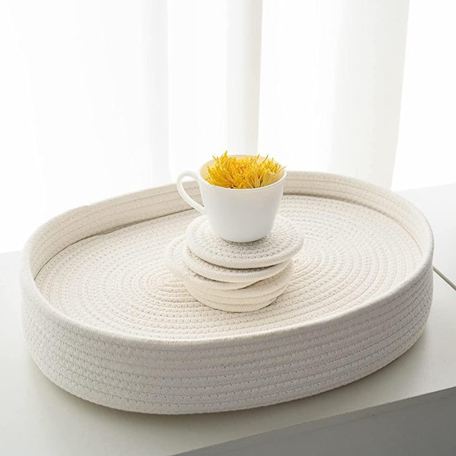 ART pinecone Cotton Rope Woven Placemats 16 * 12 inches Oval Hot Pads Hot Mats Set of 6, and 1 Storage Basket for Holiday Table Decor (12 * 16 Plus Coasters, Cream White)