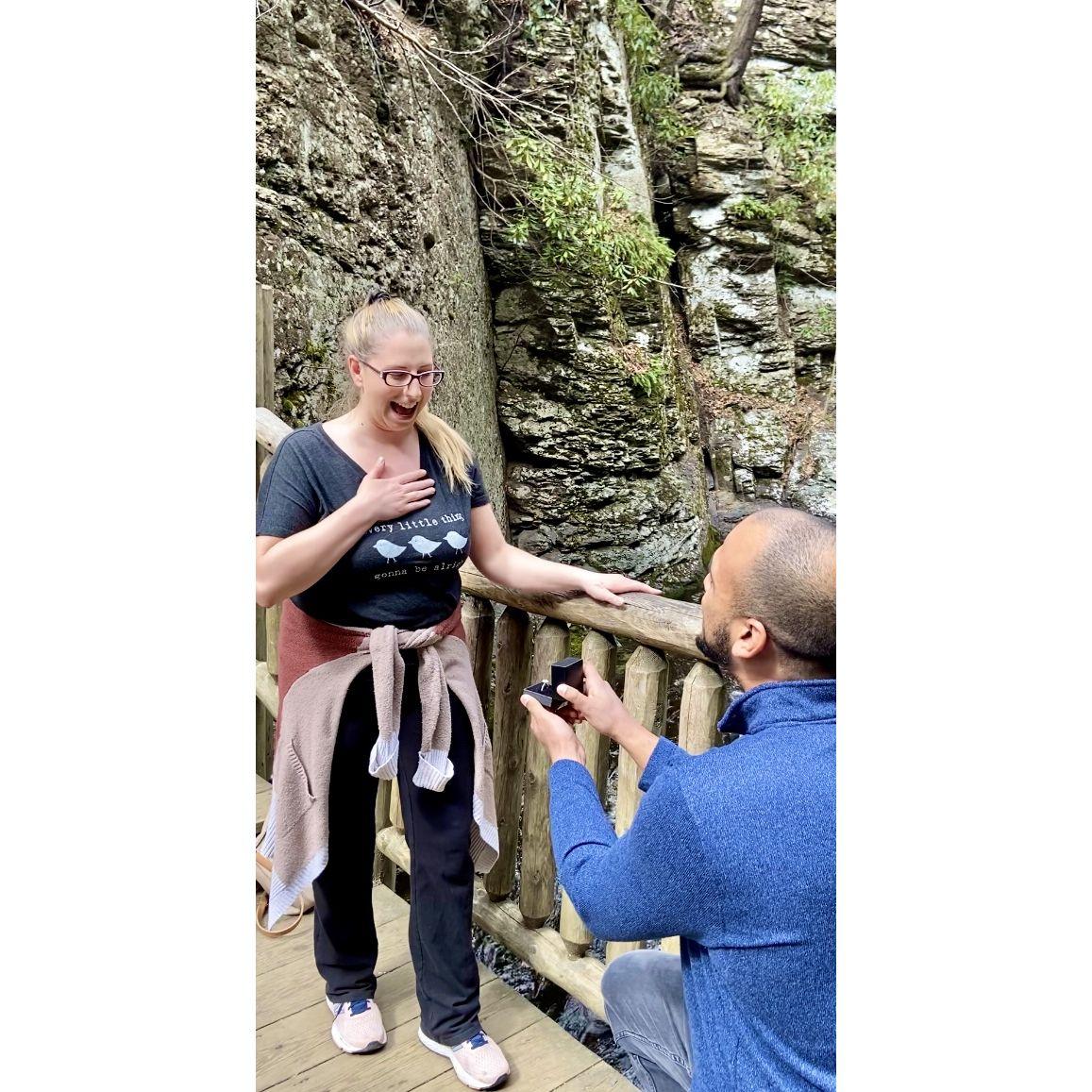 When Gavin proposed at Bushkill Falls in the Pocono Mountains, PA.