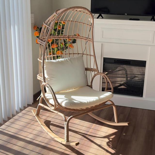 YITAHOME Rocking Egg Chair Outdoor, 370lbs Capacity Wicker Patio Basket Chair, All-Weather Small Egg Lounger Chair for Indoor Outside (Beige)