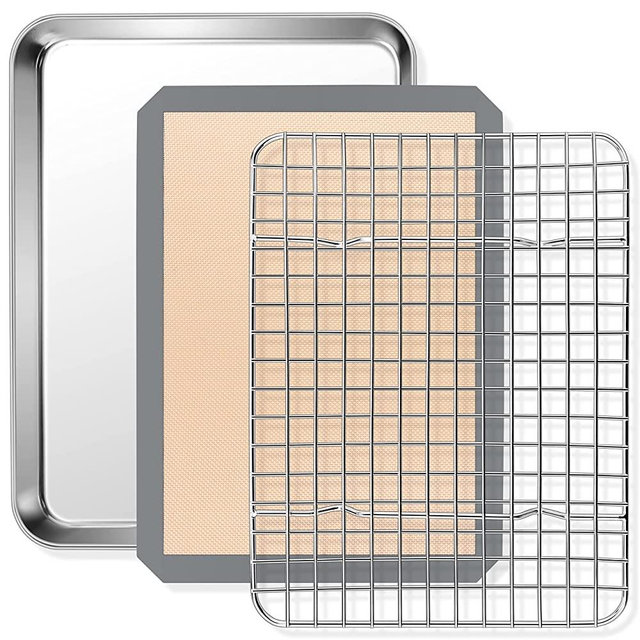9 Inch Small Toaster Oven Pan with Grid Rack and Silicone Mat Set, P&P CHEF Mini Stainless Steel Toaster Oven Tray Baking Pan with Cooling Rack, 3 Pcs (1 Pan + 1 Rack + 1 Mat), Dishwasher Safe