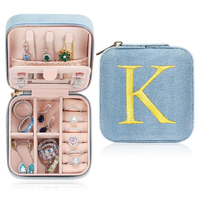 Parima Personalized Plush Velvet Jewelry Case Jewelry Box - Small Jewelry Box Jewelry Case Organizer Travel Essential for Women Birthday Mom Friends Her Teenage Gift - Letter K, Blue