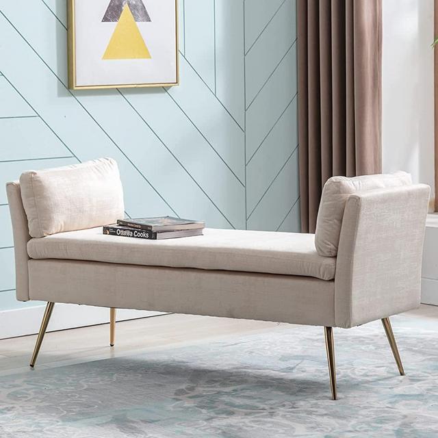 LETESA Velvet End Bed Ottoman Bench, Upholstered Bedroom Stool, Traditional Entryway Shoe Bench, Accent Wood Bench with Fabric Padded Seat for End of Bed, Corridor, Bedroom, Living Room (Beige)