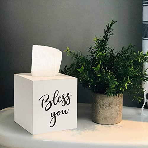 AKKO Wooden Square White Tissue Box Cover Bless You Rustic Tissue Holder for Bathroom, Bedroom, Living Room,Vintage Farmhouse Decor