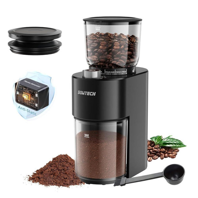 SOWTECH Anti-static Conical Burr Coffee Grinder, Adjustable Electric Mill, 38 Precise Grind Settings, Precision Timer, for Espresso, Drip and French Press, Black