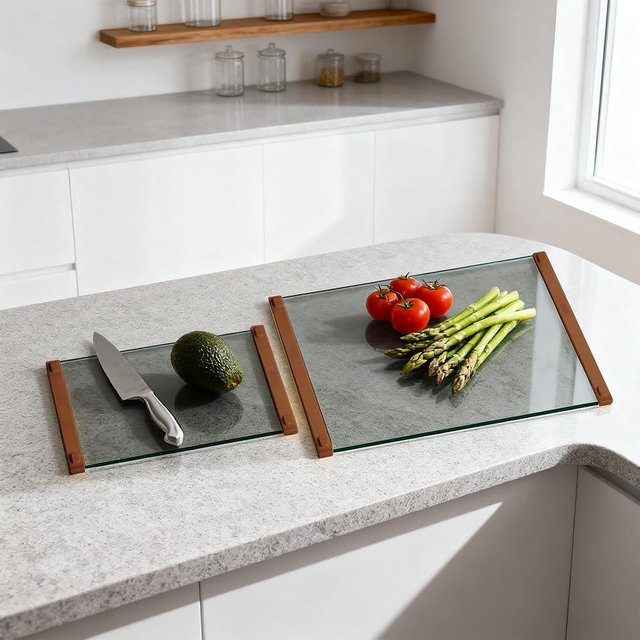 Glass Cutting Boards for Kitchen(12x16" & 12x8"),European Grey Glass Paired with Coffee-Colored Silicone Grip,No Scratches/Microplastic-Free/Non Toxic,Excellent Gift for Mother's Day and Father's Day
