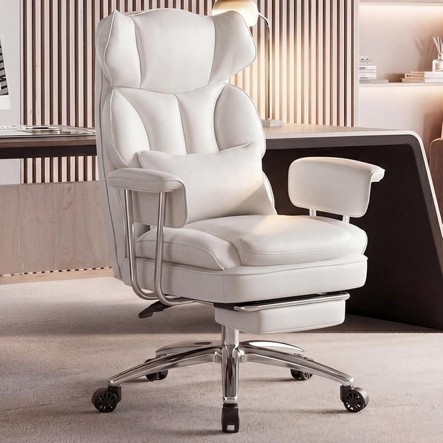 DUMOS Home Office Desk Executive Chair - Ergonomic Big Tall High Back with Footrest & Lumbar Support, Reclining Height Adjustable, Comfy PU Leather Computer Gaming with Swivel Wheels, White