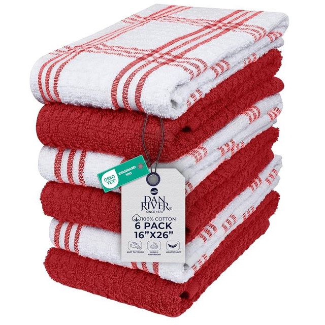 DAN RIVER Premium Red Kitchen Towels - [Pack of 6] 100% Cotton (16x 26 Inches) -Super Soft, Highly Absorbent Hand Towels, Quick Dry, Dish Towels, Tea and Bar Towels Set