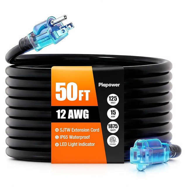 Outdoor Extension Cord 50 FT Waterproof, 12/3 Gauge Heavy Duty 3 Prong Power Cord with Lighted Indicator End,15A 125V 1875W SJTW, ETL Listed, Great for Lawn/Garden/Home(Black)