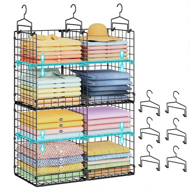 Hanging Closet Organizer with DIY Spacing, Double-Row Closet Hanging Shelves with 4 Adjustable Dividers & 6 Hooks, Heavy Duty Metal Closet Storage Organizer with Front Guard, Split into 2 Units