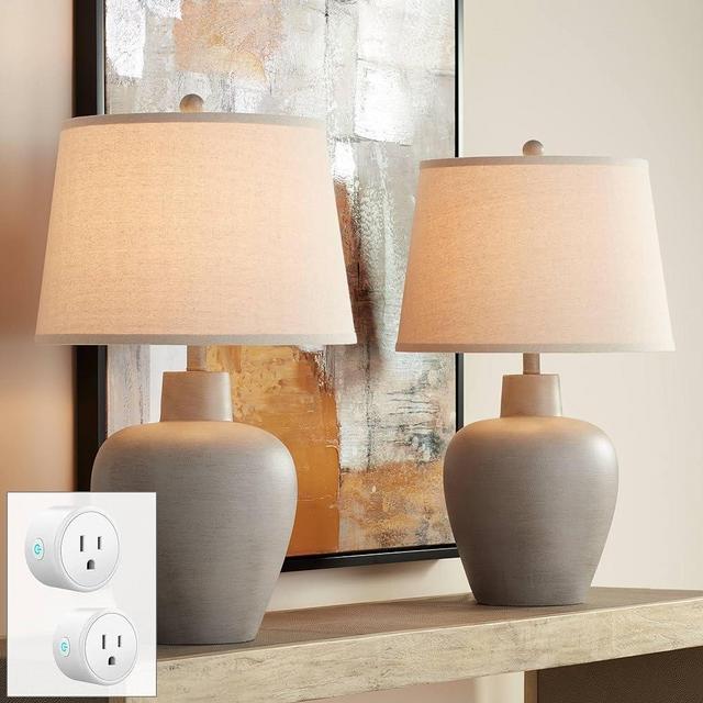 Regency Hill Glenn 27" Tall Urn Traditional Southwestern Table Lamps Set of 2 WiFi Smart Socket Gray Terra Cotta Living Room Bedroom Bedside Nightstand House Office Home Reading Beige Shade