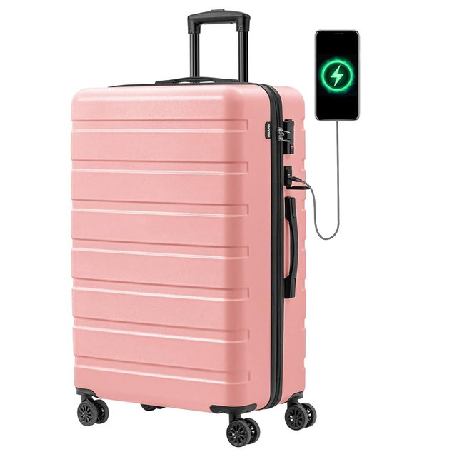 AnyZip Suitcase Hardside PC ABS Lightweight USB Luggage with Wheels TSA Lock Checked-Large 28 Inch Pink