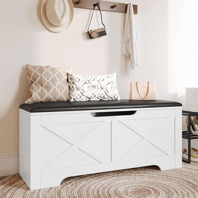 DreamDashio Farmhouse Storage Bench with Lift Top Storage, 39.4" Entryway Bench with Cushioned Seat, End of Bed Bench, Wooden Storage Chest Trunks, for Entryway, Bedroom, Living Room,White