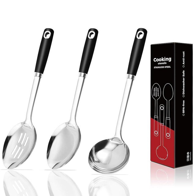 MUJINON 14-in Cooking Spoons Set, Heavy Duty 18/0 Stainless Steel Large Serving Spoons Set, Slotted Spoon, Cooking Spoon & Soup Ladle, Commercial and Residential Use, Pack of 3
