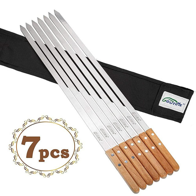 Goutime 23 X 5/8 Inch Stainless Steel Shish Kabob Barbecue BBQ Skewers with Wood Handle for Grilling, Set of 7 with Bag