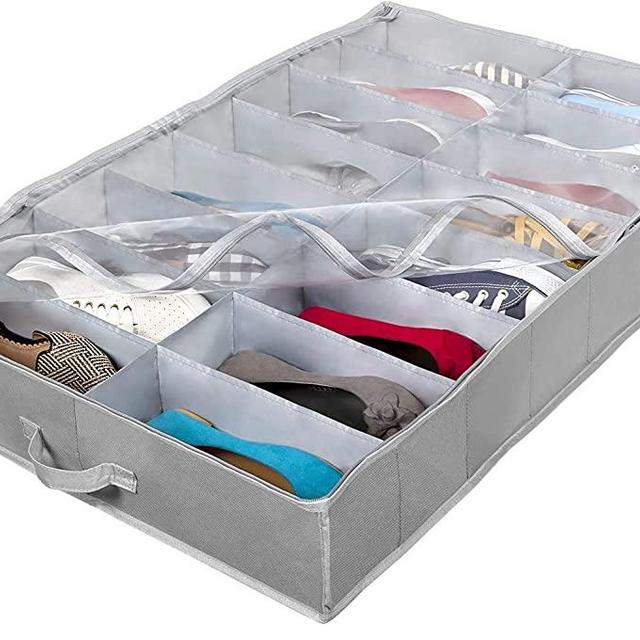 Extra-Large Under Bed Shoe Storage Organizer - Underbed Storage Solution Fits Men's and Women's Shoes, High Heels, and Sneakers with Durable Vinyl Cover & Extra-Strong Zipper - Grey