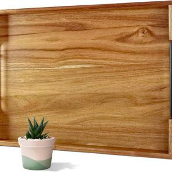 22 Inches Acacia Wood Serving Tray with Metal Handles, Large Wooden Rectangle Ottoman Tray, Decorative and Durable Design for Living Room Coffee Table Couch Kitchen