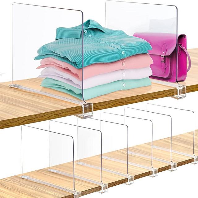 Acrylic Shelf Dividers, 8 Pack Clear Shelf Dividers, Plastic Closet Shelve Divider for Clothes Purses Separators, Adjustable Wood Shelves Organization for Bedroom, Kitchen, Office, Cabinets, Bathroom