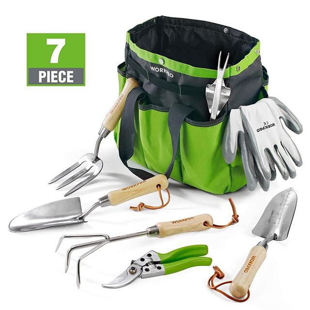 WORKPRO Garden Tools Set, 7 Piece, Stainless Steel Heavy Duty Gardening Tools with Wooden Handle, Including Garden Tote, Gloves, Trowel, Hand Weeder, Cultivator and More-Gardening Gifts For Women Men