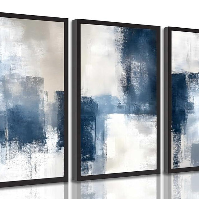 3 Pcs Navy Blue Abstract Canvas Wall Art Modern Minimalist Neutral Blue and Grey Paintings Pictures Wall Decor Poster Print Artwork for Living Room Bedroom Office Home Decoration Unframed