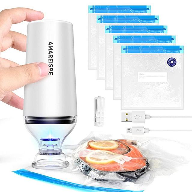 Food Vacuum Sealer, Amareisbe Handheld Food Saver, 60Kpa Portable Automatic Vacuum Air Sealing Machine for Food Preservation, Starter Kit, Easy to Clean, Compact Design