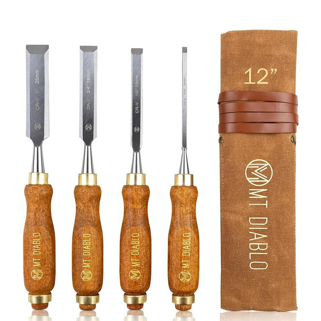 Mt Diablo Woodworking Tools 4 Piece Chisel Set - Premium CV60 Steel Wood Chisel Sets with Ergonomic Handles, Includes 1/4" 1/2" 3/4" 1" Widths - Ideal for Woodworkers - Durable Waxed Canvas Tool Roll