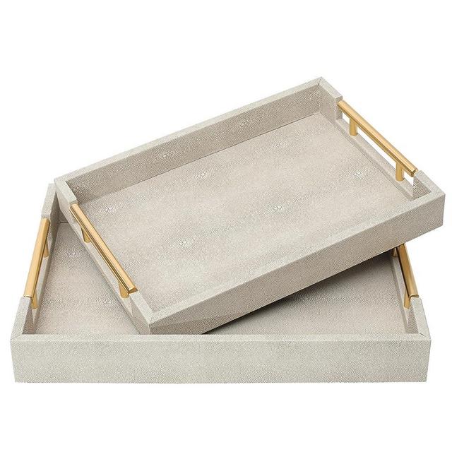 SwallowLiving Set of 2 Wood Serving Tray with Gold Polished Metal Handles Ivory Shagreen Decorative Tray PU Leather with Brushed Gold for Coffee Table Ottoman Console Table