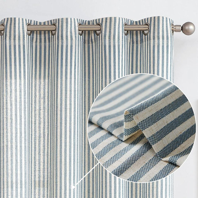Vangao Linen Blend Stripe Curtains Tickingstripe Light Filtering Window Curtains Blue Pinstripe Printed on Beige Drapes 63 Inches Length for Living Room Bedroom Grommet Top 2 Panels